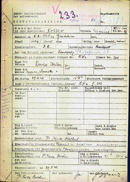 Document: Keller, Siegmund / Death announcement, Ghetto at Theresienstadt, Aug. 29, 1942.