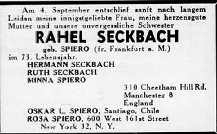 Seckbach, Rahel / Death announcement.