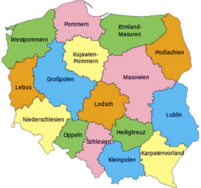 Kartenansicht Polen mit Wojwodschaft Ermland-Masuren (Geburtsregion von Rahel Seckbach)