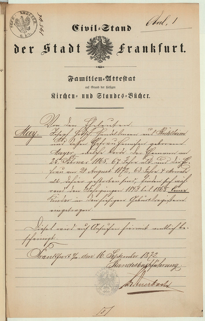 Dokument: Civilstand der Stadt Frankfurt am Main für die Eheleute May, 1872.