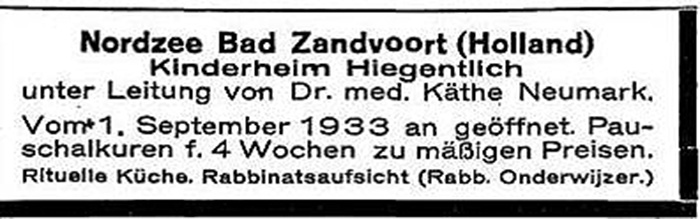 Zeitungsinserat: Anzeige der Kinderpension Dr. Käthe Neumark (Zandvoort, Niederlande).