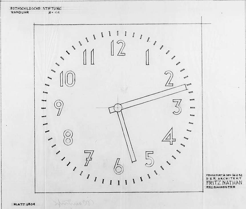 Zeichnung: Rothschild'sches Hospital, Wanduhr, 26.02.1932 (Signatur des Architekten Fritz Nathan).