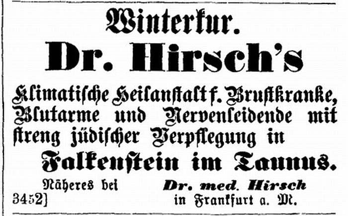 Anzeige von Dr. Hirsch's Kurklinik zu Falkenstein im Taunus, 1879