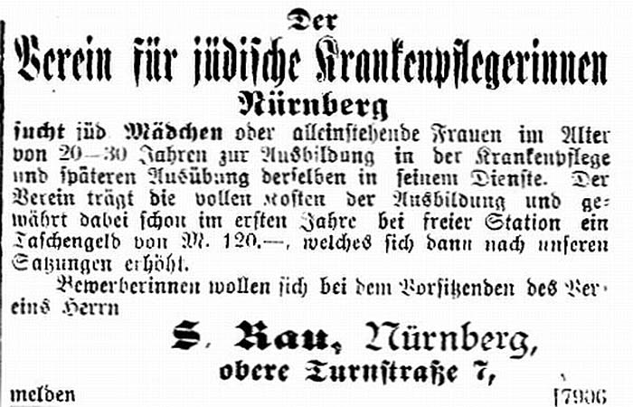 Anzeige: Verein für jüdische Krankenpflegerinnen Nürnberg - Annonce / Anzeige des Vereins für jüdische Krankenpflegerinnen zu Nürnberg.