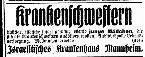 Anzeige: Israelitisches Krankenhaus Mannheim / Stellen- und Ausbildungsplatzanzeige des Israelitischen Krankenhauses Mannheim von 1922.